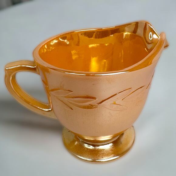 Fire King Peach Lustre Sugar Bowl & Creamer Leaf Set Anchor Hocking Vintage - Picture 3 of 12